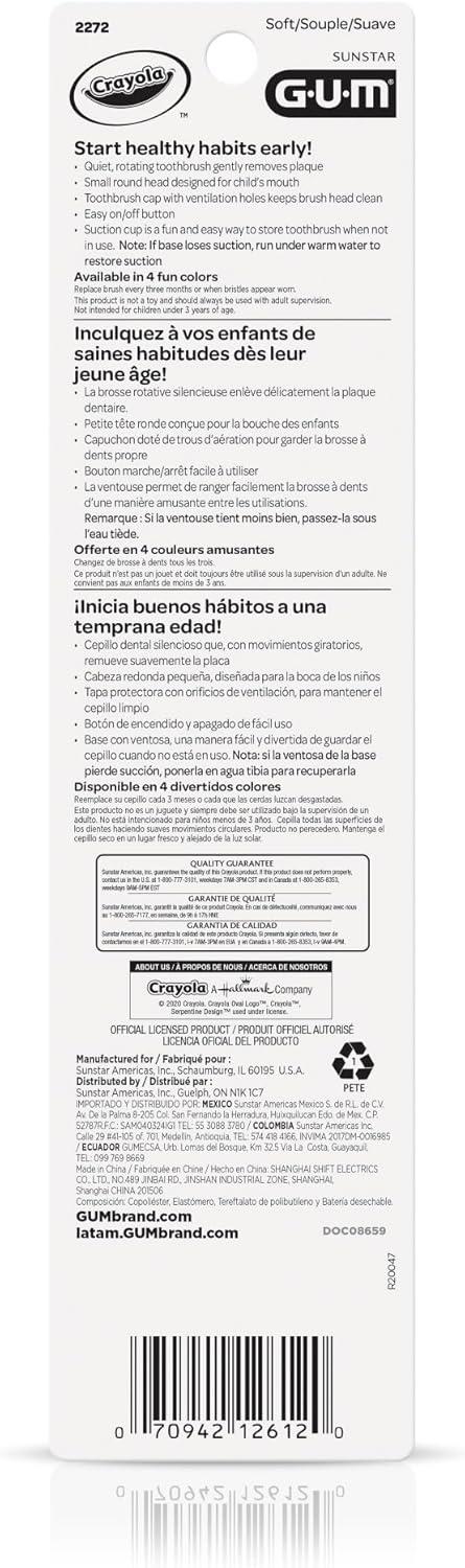 image:imageGUM Crayola Power Toothbrush for Kids Extra Soft Bristled Toddler Toothbrushes Travel Cap Suction Cup Base Batteries Included 1 Count1 Count