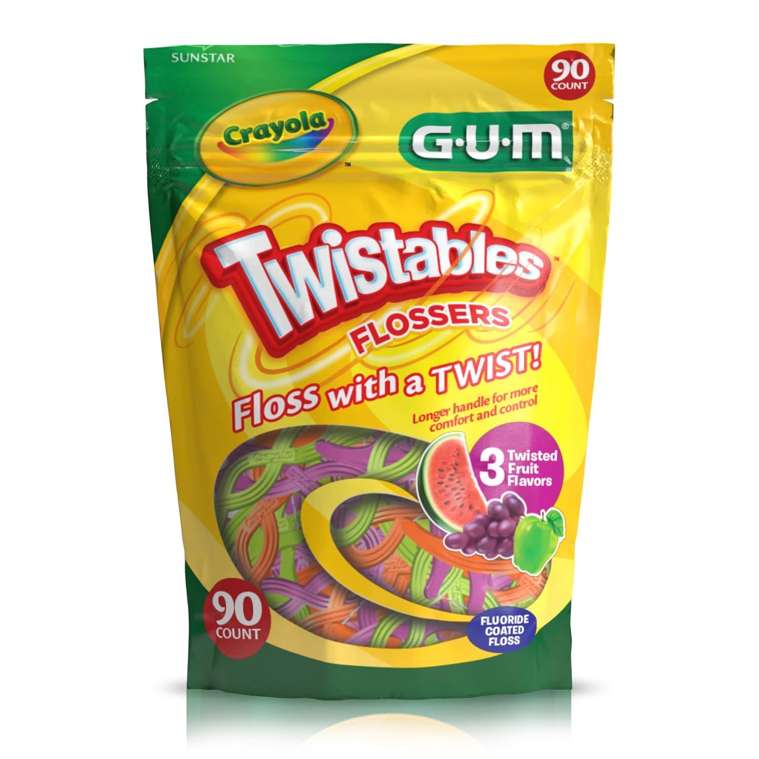 image:imageGUM Crayola Twistables Kids Flossers with Fluoride Designed for Little Hands Three Fun Fruit Flavors Easy to Use Kids Floss Picks for Children Ages 3 90 Count Pack of 490 Foot Pack of 4