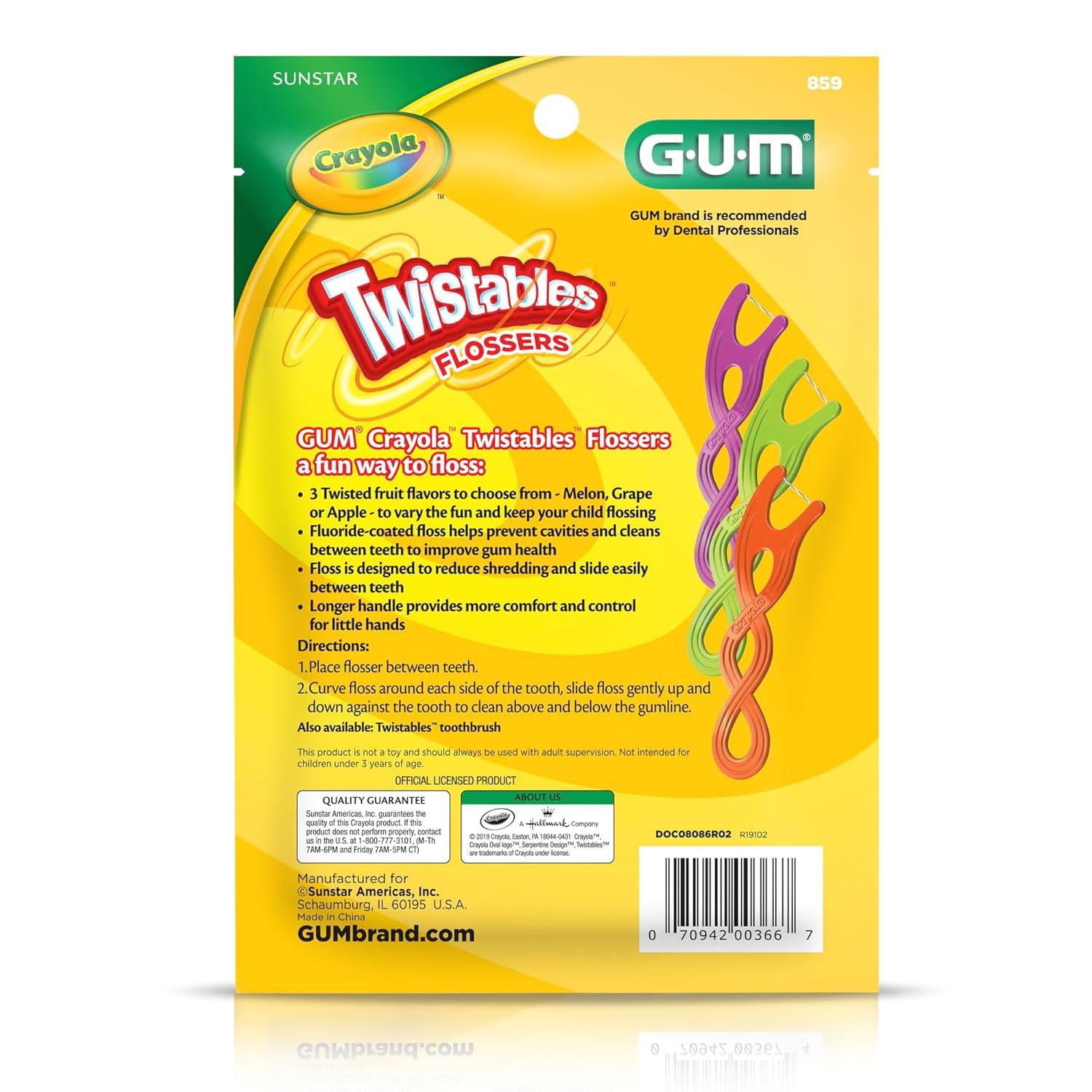 image:imageGUM Crayola Twistables Kids Flossers with Fluoride Designed for Little Hands Three Fun Fruit Flavors Easy to Use Kids Floss Picks for Children Ages 3 90 Count90 Count
