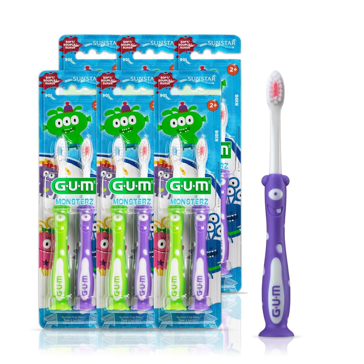 image:imageGUM Monsterz Children and Toddler Toothbrush Soft Bristled Kids Toothbrush with Suction Cup for Ages 2 2 CountPack of 6Ages 2