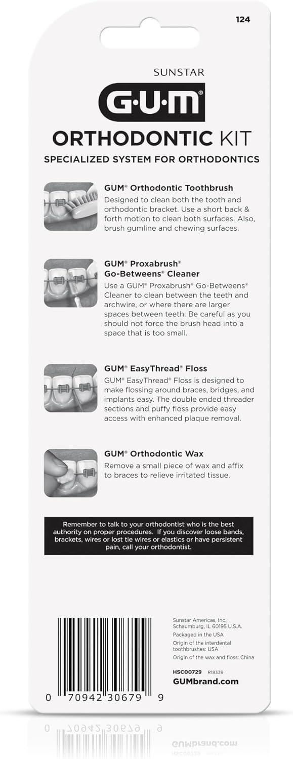 image:imageGUM Orthodontic Kit Features Orthodontic Toothbrush 3 Proxabrush Sizes and ShredResistant EasyThread Floss and Mint Ortho Wax