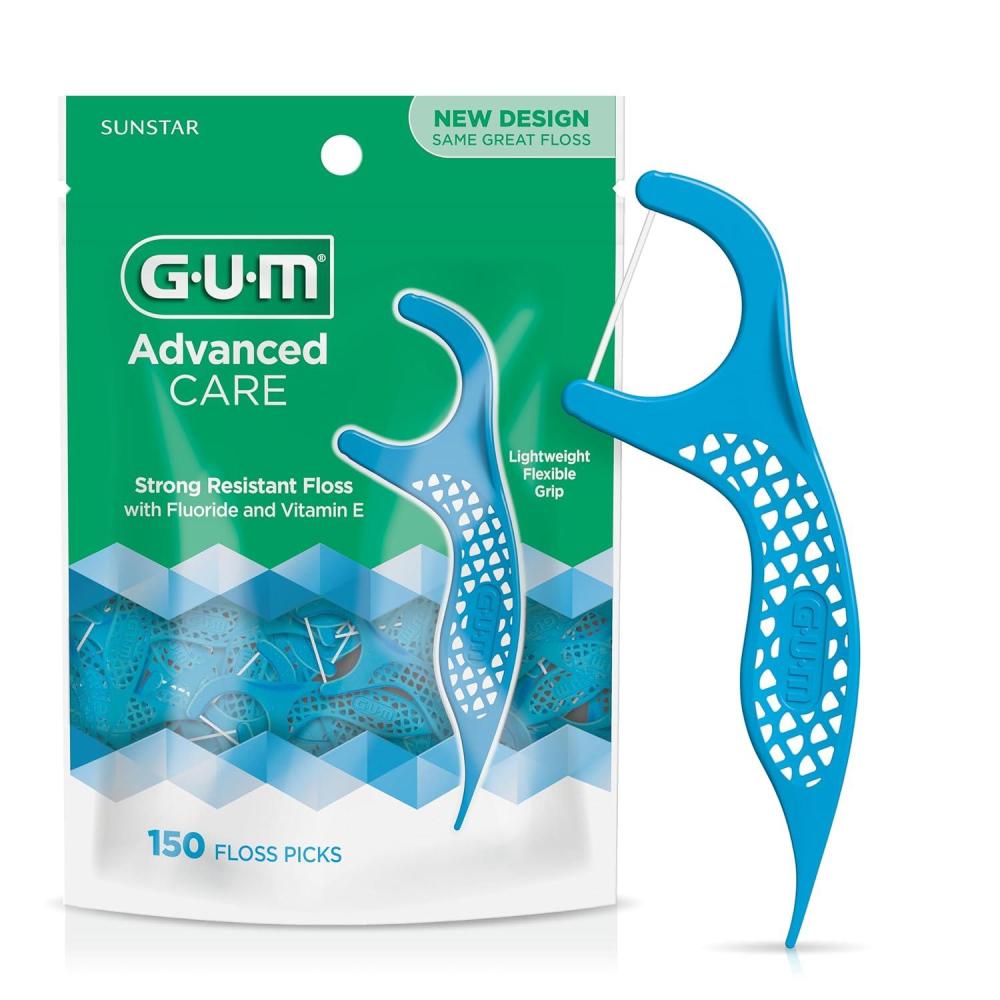 image:imageGUM Advanced Care Floss Picks Dental Flossers for Adults with Vitamin E and Fluoride Extra Strong ShredResistant Dental Floss Easy Grip Handle Fresh Mint Flavor 150 Count