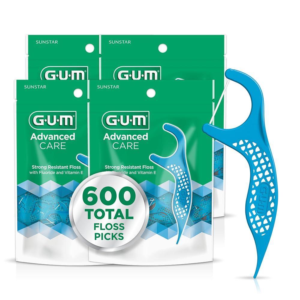 image:imageGUM Advanced Care Floss Picks Dental Flossers for Adults with Vitamin E and Fluoride Extra Strong ShredResistant Dental Floss Easy Grip Handle Fresh Mint Flavor 150 Count Pack of 4 600 Total