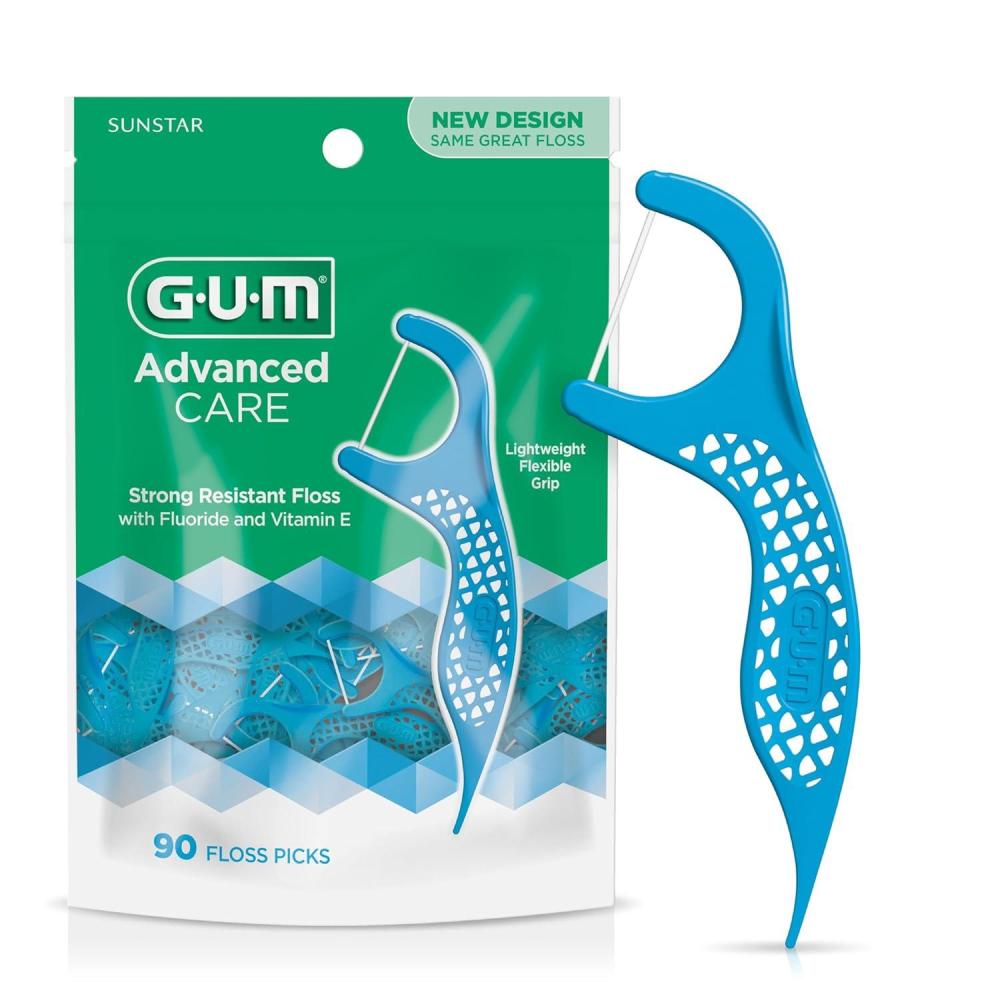 image:imageGUM Advanced Care Floss Picks  Dental Flossers for Adults with Vitamin E and Fluoride  Extra Strong ShredResistant Dental Floss Easy Grip Handle Fresh Mint Flavor 90 ct