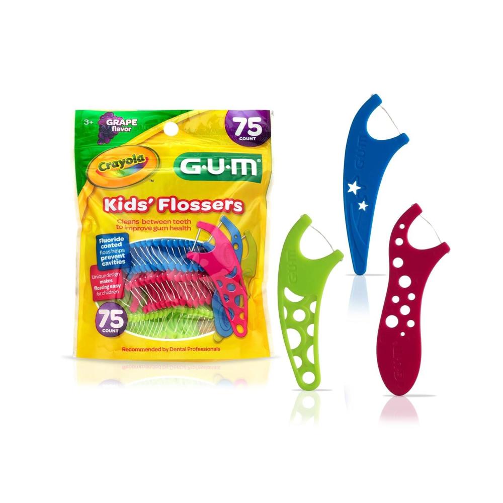 image:imageGUM Crayola Kids Flossers with Fluoride Designed for Little Hands Fun Grape Flavor Easy to Use Kids Floss Picks for Children Ages 3 75 Count Pack of 675 Count