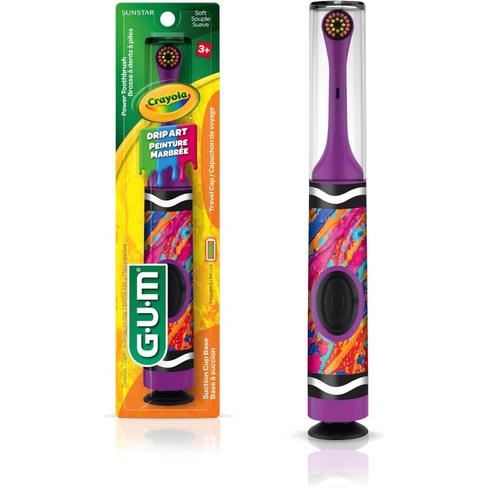 image:imageGUM Crayola Power Toothbrush for Kids Extra Soft Bristled Toddler Toothbrushes Travel Cap Suction Cup Base Batteries Included 1 Count1 Count