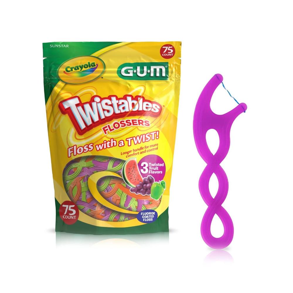 image:imageGUM Crayola Twistables Kids Flossers with Fluoride  Designed for Little Hands  Three Fun Fruit Flavors  Easy to Use Kids Floss Picks for Children Ages 3 75 Count