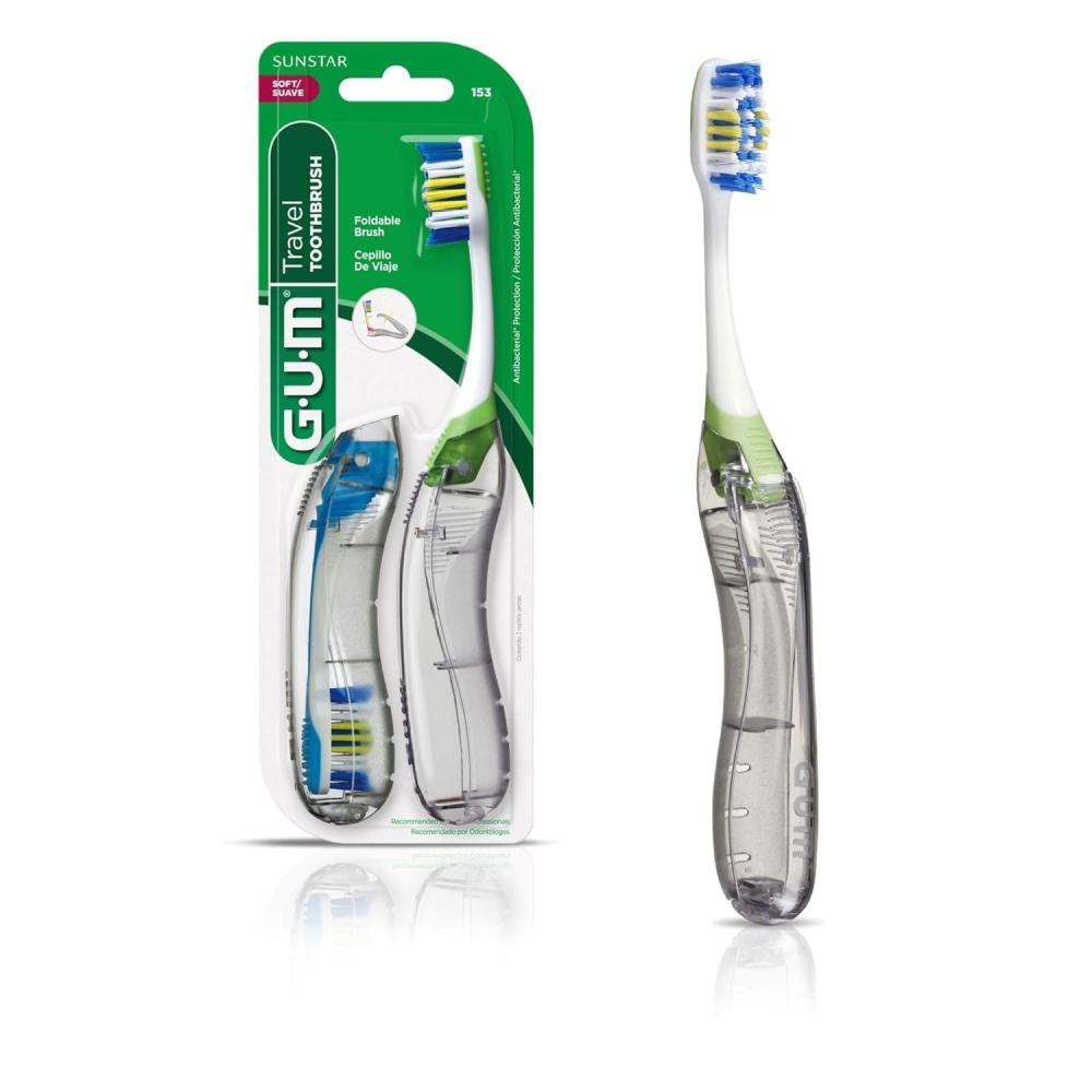 image:imageGUM Folding Travel Toothbrush Compact Head  Tongue Cleaner Soft Bristled Travel Toothbrushes for Adults 2 Count