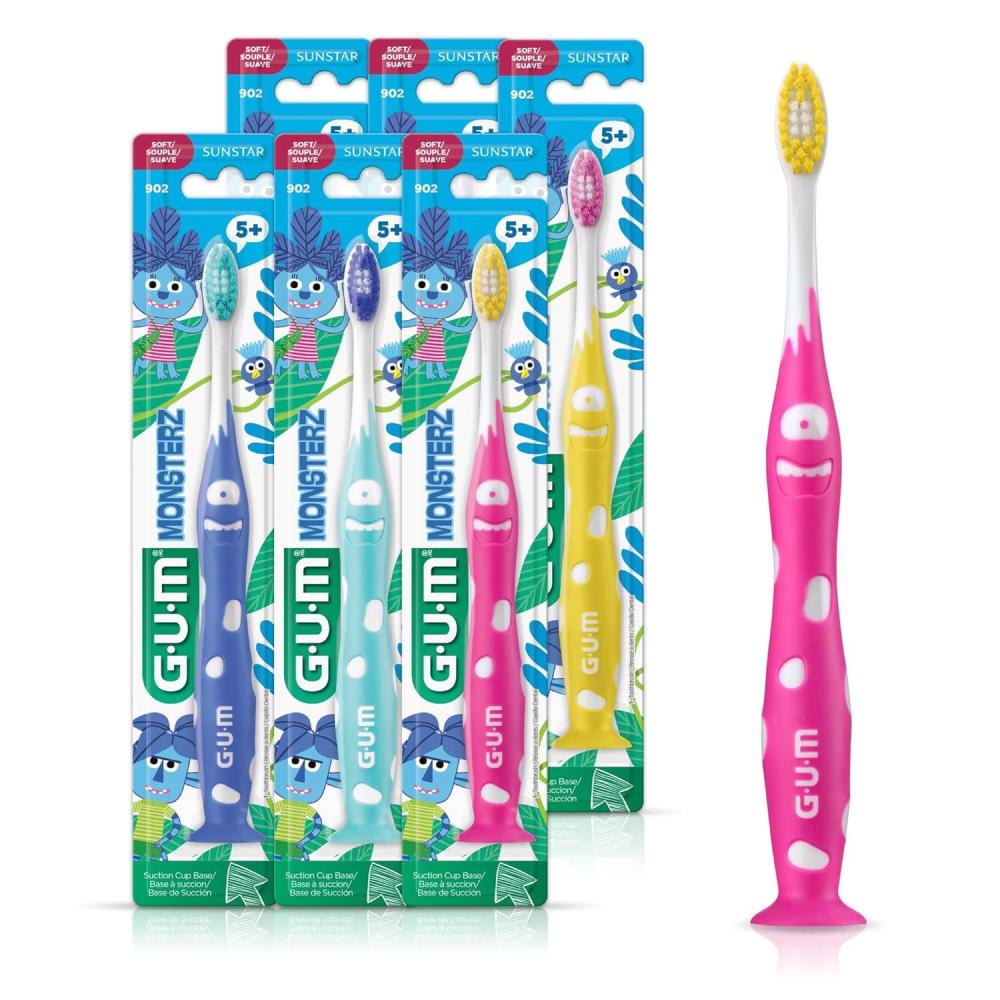 image:imageGUM Monsterz Children and Toddler Toothbrush Soft Bristled Kids Toothbrush with Suction Cup for Ages 2 2 CountPack of 6Ages 5