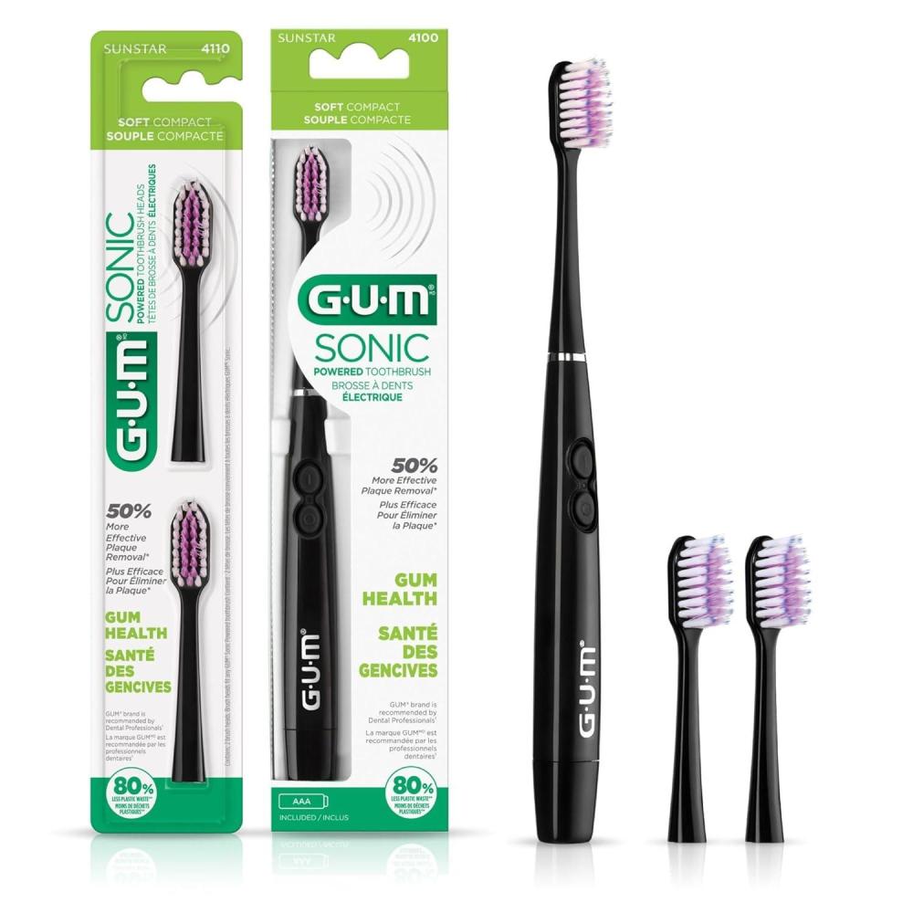 image:imageGUM Sonic Powered Toothbrush Tapered Bristles Clean Below The Gumline Bundle Black 1 Handle1 Count  2 Refills 2 CountPack of 1Black