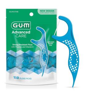 GUM Advanced Care Floss Picks – Dental Flossers for Adults with Vitamin E and Fluoride – Extra Strong Shred-Resistant Dental Floss, Easy Grip Handle, Fresh Mint Flavor, 150 Count