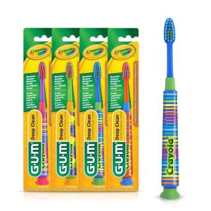 GUM Crayola Deep Clean Children’s Toothbrush, Extra Soft Toothbrush for Kids, Suction Cup Base, Ages 4+, 1 Count(Pack of 4)