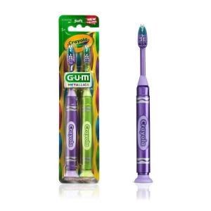 GUM Crayola Marker Children’s Toothbrush, Soft Bristled Kids’ Toothbrush Set Age 3+, Suction Cup Base, 2 Count