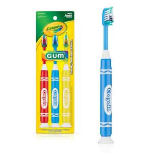 GUM Crayola Marker Children’s Toothbrush, Soft Bristled Kids’ Toothbrush Set Age 3+, Suction Cup Base, 3 Count (Pack of 2)(3 Count)
