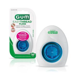 GUM EasyThread Threader Floss – Expanding Dental Floss for Braces, Bridges, and Implants – Built in Rigid Floss Threaders (50 Uses)(1 Pack)