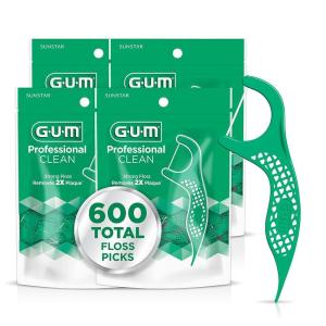 GUM Professional Clean Floss Picks – Extra Strong Shred-Resistant Floss, Easy Grip Handle – Dental Flossers for Adults – Fresh Mint Flavor, 150 Count (Pack of 4) 600 Total(150 Count (Pack of 4))