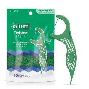 GUM Twisted Mint Floss Picks – Twisted Threads, Shred-Resistant Floss, Easy Grip Handle, 90 Count (Pack of 3) 270 Total(90 Count)