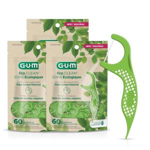 GUM Eco Clean Flosser Picks, Promotes Healthier Gums, Fresh Mint Flavor, Green, 60 Count (Pack of 3)