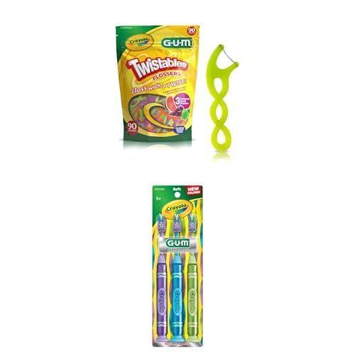 image:imageBundle of GUM Crayola Twistables Kids Flossers with Fluoride for Children Ages 3 90 ct GUM Crayola Marker Childrens Toothbrush Soft Bristled Age 5 Suction Cup Base 3 Count