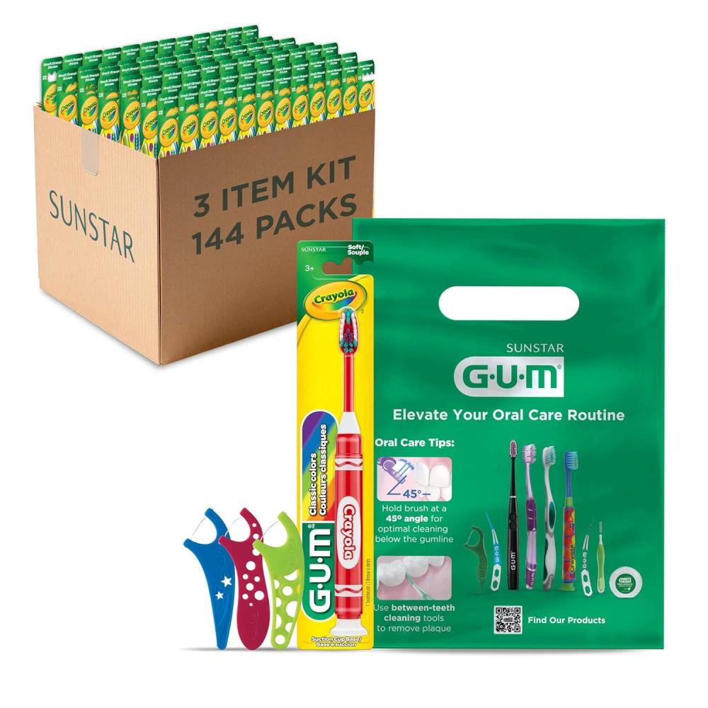 image:imageGUM Crayola Marker Toothbrush and Crayola Flossers Patient Pack KIT35 Includes Toothbrush Floss Picks and Patient Bags Professional Samples 144 Patient Kits