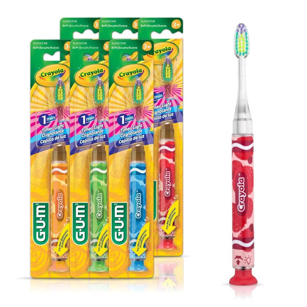 image:imageGUM Crayola Timer Light Toothbrush for Kids Soft Bristles Suction Cup Base Children amp Toddler Toothbrush 3 Year Old 6pk6 Brushes