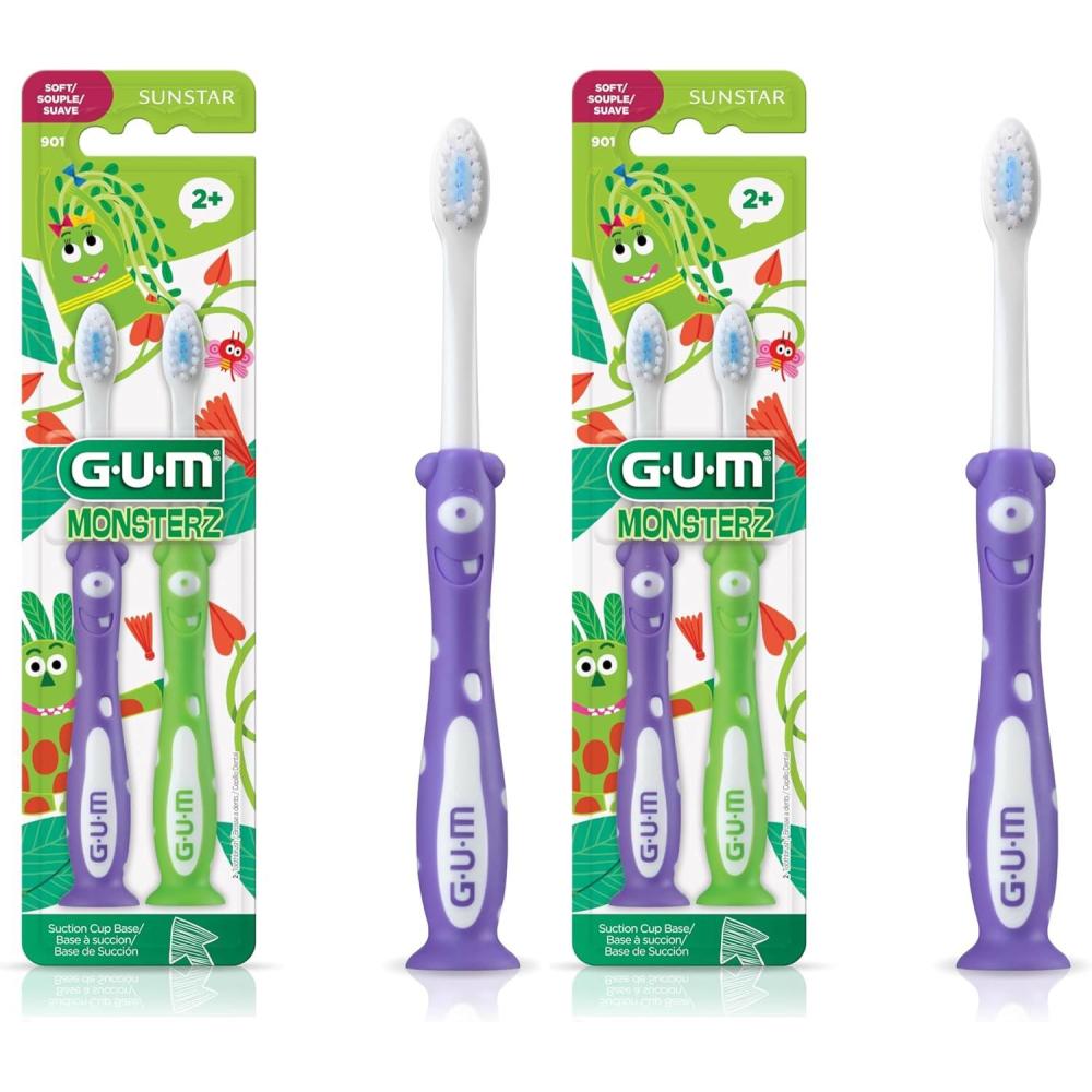 image:imageGUM Sunstar Monsterz Kids Toothbrush WSuction Cup Ages 2 Assorted Colors 1 Dozen Pack of 2Pack of 2
