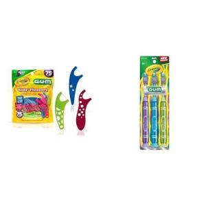 Bundle of GUM Crayola Kids’ Flossers, Grape,Fluoride Coated, Ages 3+, 75 Count + GUM Crayola Marker Children’s Toothbrush , Soft Bristled Age 5+ , Suction Cup Base , 3 Count