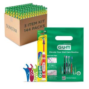 GUM Crayola Marker Toothbrush and Crayola Flossers Patient Pack, KIT35, Includes: Toothbrush, Floss Picks and Patient Bags, Professional Samples, 144 Patient Kits