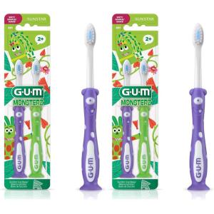 GUM Sunstar Monsterz Kids’ Toothbrush W/Suction Cup, Ages 2+, Assorted Colors, 1 Dozen (Pack of 2)(Pack of 2)