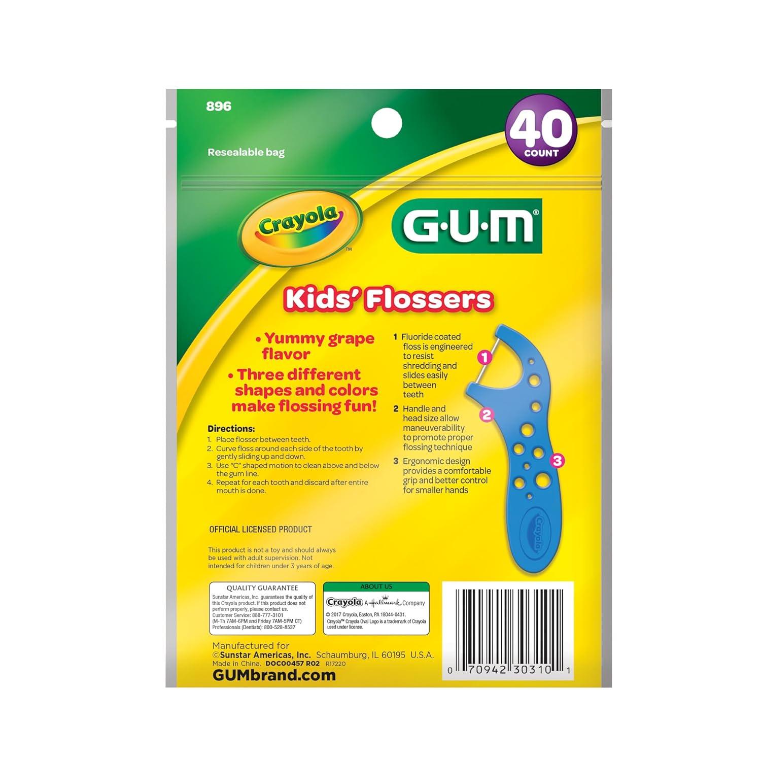 image:imageGUM Crayola Kids Flossers with Fluoride Designed for Little Hands Fun Grape Flavor Easy to Use Kids Floss Picks for Children Ages 3 40ct 6pk