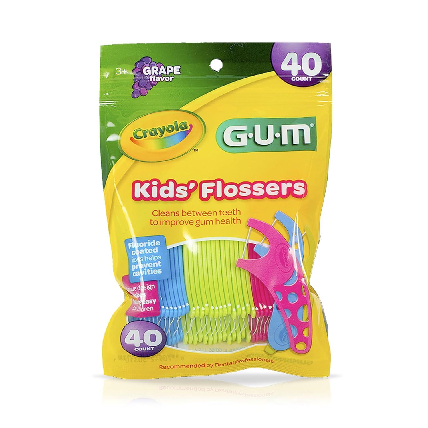 image:imageGUM Crayola Kids Flossers with Fluoride Designed for Little Hands Fun Grape Flavor Easy to Use Kids Floss Picks for Children Ages 3 40ct 6pk