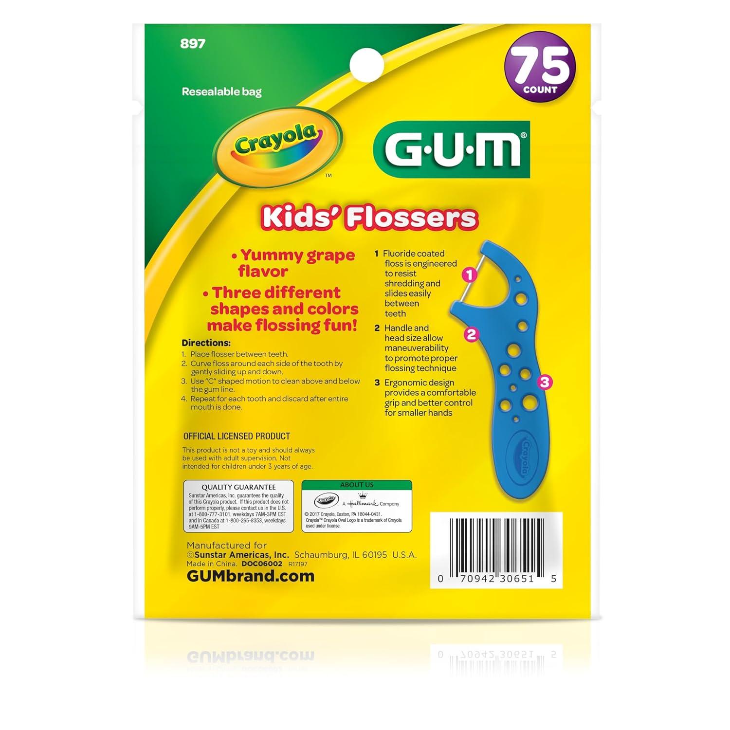 image:imageGUM Crayola Kids Flossers with Fluoride Designed for Little Hands Fun Grape Flavor Easy to Use Kids Floss Picks for Children Ages 3 450ct