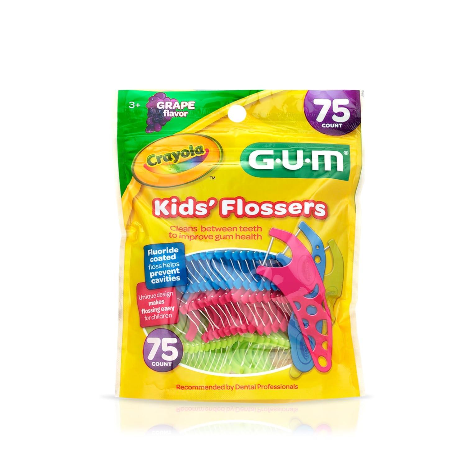 image:imageGUM Crayola Kids Flossers with Fluoride Designed for Little Hands Fun Grape Flavor Easy to Use Kids Floss Picks for Children Ages 3 450ct