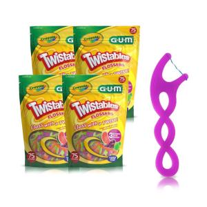 GUM Crayola Twistables Kids Flossers with Fluoride – Designed for Little Hands – Three Fun Fruit Flavors – Easy to Use Kids Floss Picks for Children Ages 3+, 75 ct (4pk)