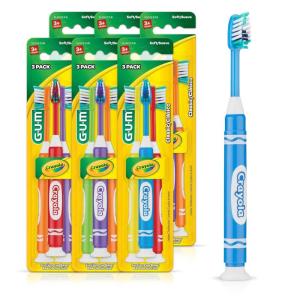 GUM Crayola Marker Children’s Toothbrush, Soft Bristled Kids’ Toothbrush Set Age 5+, Suction Cup Base, 3ct (6pk)(3 Count (Pack of 6))