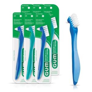 GUM Denture Brush – Dual Headed Hard Bristle Toothbrush for Dentures & Acrylic Retainers – Dentist Recommended Denture Cleaner 1ct (Pack of 6)