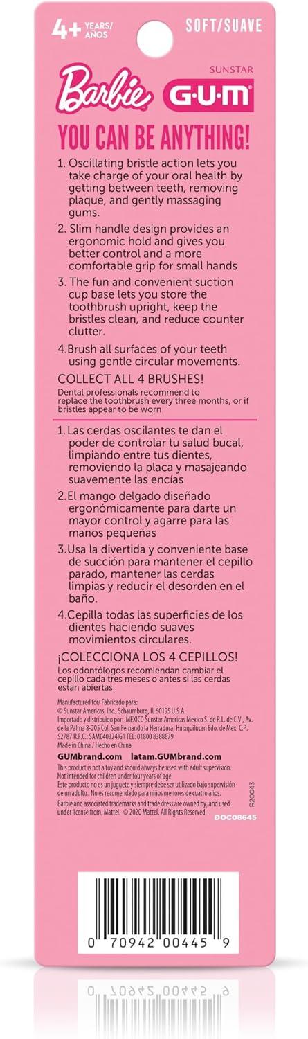 image:imageGUM Barbie Kids Battery Power Electric Toothbrush with Suction Cup Base for Home or Travel Oral Health and Dental Plaque Removal Ages 3 1ct4Pk1 Count Pack of 4