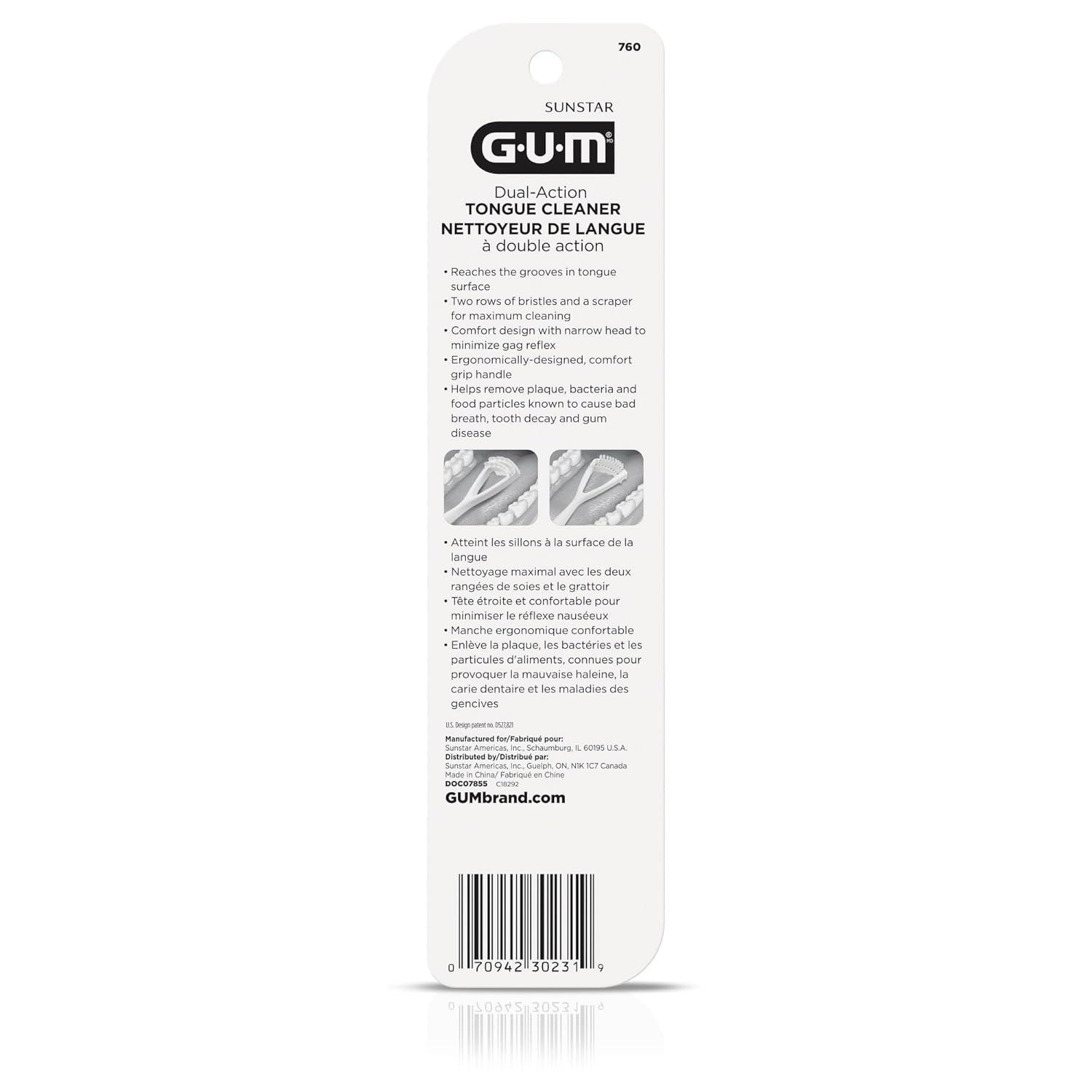 image:imageGUM Tongue Cleaner Dual Action Soft Bristled Tongue Brush with Tongue Scraper for Better Oral Hygiene Bad Breath Treatment 6pk