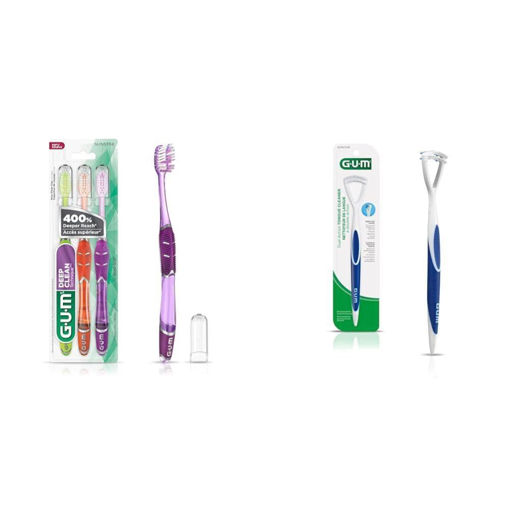image:imageBundle of GUM Technique Deep Clean Toothbrush Compact Soft Extra Fine Bristles 3ct GUM Tongue Cleaner Dual Action Soft Bristled Tongue Brush with Tongue Scraper Pack of 1