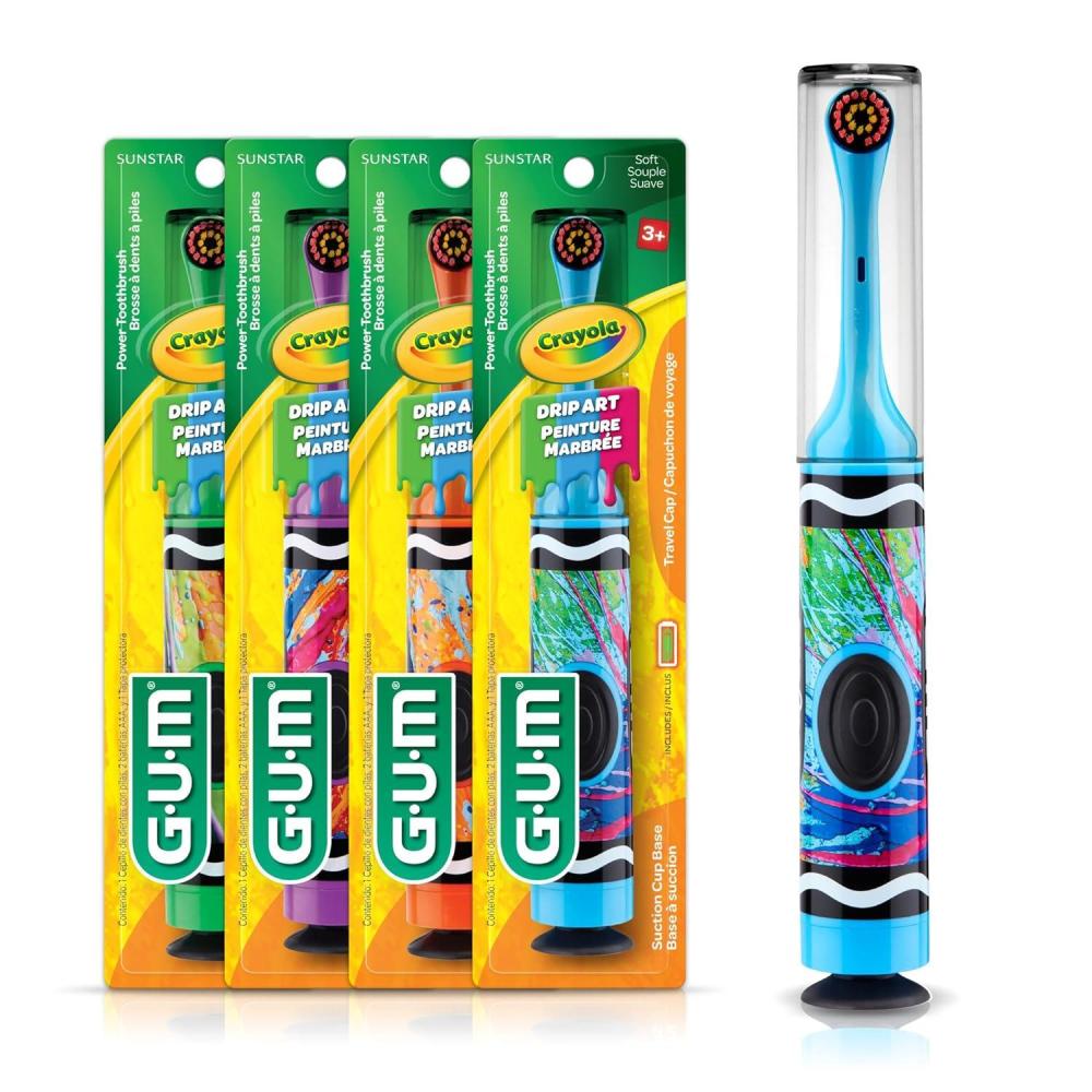 image:imageGUM Crayola Power Toothbrush for Kids Extra Soft Bristled Toddler Toothbrushes Travel Cap Su Countion Cup Base Batteries Included 1 Count Pack of 4
