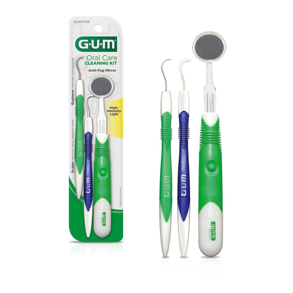image:imageGUM Oral Care Dental Cleaning Kit Dental Mirror with Light Explorer Pick and Dental Scaler Professional Quality Stainless Steel Dental Tools EasyGrip Handle Pack of 1