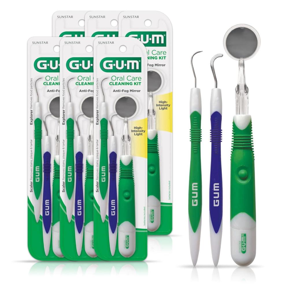 image:imageGUM Oral Care Dental Cleaning Kit Dental Mirror with Light Explorer Pick and Dental Scaler Professional Quality Stainless Steel Dental Tools EasyGrip Handle 6pk6 Sets