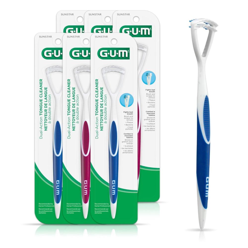 image:imageGUM Tongue Cleaner Dual Action Soft Bristled Tongue Brush with Tongue Scraper for Better Oral Hygiene Bad Breath Treatment 6pk
