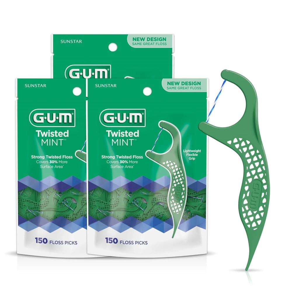 image:imageGUM Twisted Mint Floss Picks  Twisted Threads ShredResistant Floss Easy Grip Handle 150 Count Pack of 3