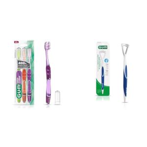 Bundle of GUM Technique Deep Clean Toothbrush – Compact Soft – Extra Fine Bristles, 3ct + GUM Tongue Cleaner – Dual Action Soft Bristled Tongue Brush with Tongue Scraper (Pack of 1)