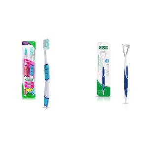 Bundle of GUM Technique Sensitive Care Toothbrush with Quad-Grip Handle, Full Head & Ultra Soft Bristles 2ct + GUM Tongue Cleaner – Dual Action Soft Bristled Tongue Brush with Tongue Scraper 1ct.