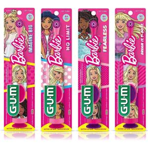 GUM Barbie Kids Battery Power Electric Toothbrush with Suction Cup Base for Home or Travel Oral Health and Dental Plaque Removal, Ages 3+, 1ct(4Pk)(1 Count (Pack of 4))