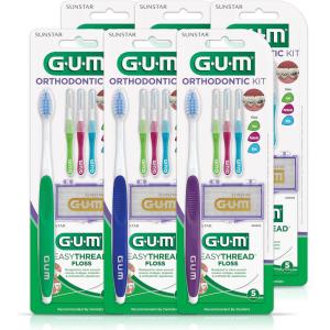 GUM Orthodontic Kit – Features Orthodontic Toothbrush, 3 Proxabrush Sizes and shred-resistant EasyThread Floss, and Mint Ortho Wax, 6pk