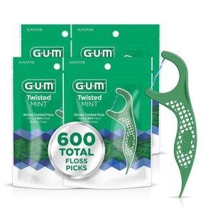 GUM Twisted Mint Floss Picks – Twisted Threads, Shred-Resistant Floss, Easy Grip Handle, 150 Count (Pack of 4) 600 Total