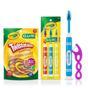 GUM Crayola Twistables Kids Flossers with Fluoride, Three Fun Fruit Flavors, 75 Count and GUM Crayola Marker Children’s Toothbrush, Soft Bristled Kids’ Toothbrush Set Age 3+, Suction Cup Base, 3 Count
